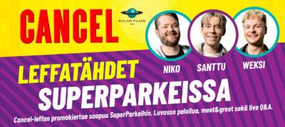 Cancel-elokuvan leffatähdet Niko, Santtu ja Weksi SuperParkeissa. Kuvassa kuvat Nikosta, Santusta ja Weksistä.