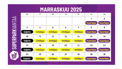 Marraskuun 2025 kalenteri, jossa näkyy päivittäin käytössä oleva lipputyyppi