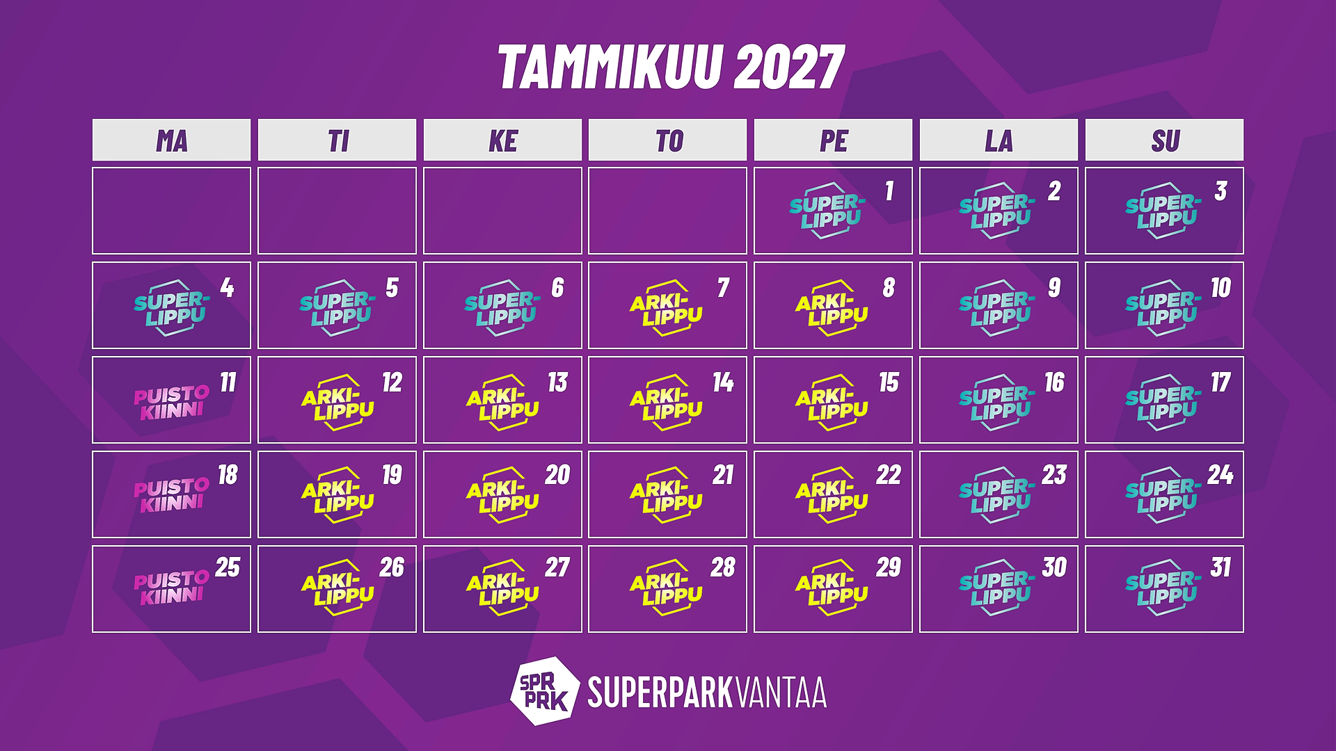 Lipputyyppikalenteri tammikuu 2027 Vantaa